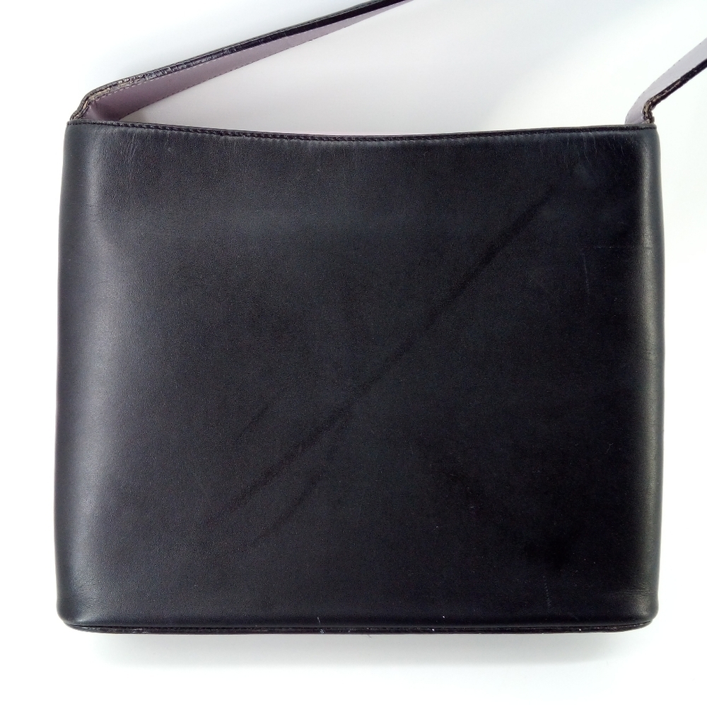 Franklin Covey Full Grain Leather Black Shoulder Bag Lavender Closure Gingham - Picture 3 of 16